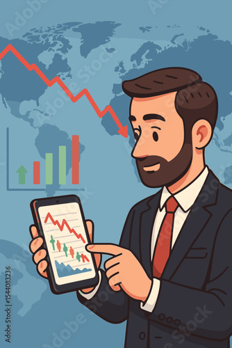 Financial crisis concept. Investor checking stock market crash on phone. Businessman looking at global economic downturn chart. Bear market, investment loss, recession vector cartoon.