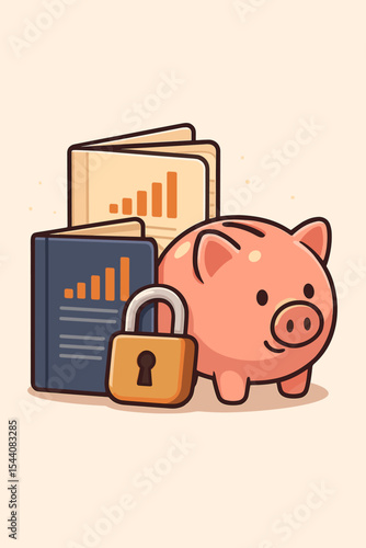 Financial security and wealth protection concept with piggy bank and locked savings passbooks. Secure investment, budget planning, and retirement fund cartoon vector illustration.