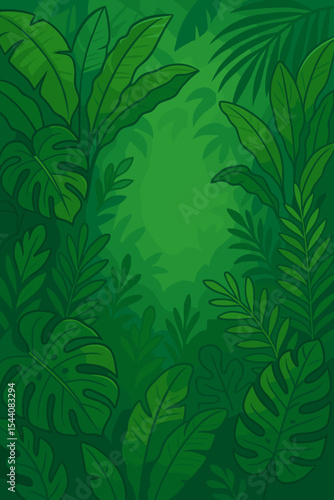 Lush green tropical rainforest leaves background with copy space, vibrant exotic foliage, cartoon jungle border, botanical nature pattern, monstera palm banana vector illustration
