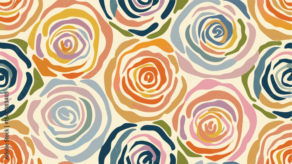 Seamless pattern of stylized roses in various colors on a light background creating a floral design