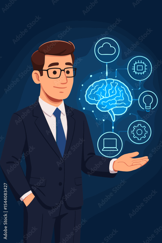 Businessman in Suit Presenting Artificial Intelligence Brain, Technology Network, Cloud Computing, Data Innovation, Circuit, Gear, Lightbulb, Laptop, Digital Transformation, Vector Illustration Businessman in Suit Presenting Artificial Intelligence Brain, Technology Network, Cloud Computing, Data Innovation, Circuit, Gear, Lightbulb, Laptop, Digital Transformation, Vector Illustration