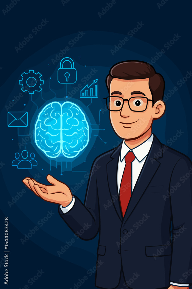 Businessman Presenting Digital Brain Artificial Intelligence Concept with Technology Icons, Innovation, Data Security, Teamwork, Communication, Productivity, Vector Illustration on Blue Background Businessman Presenting Digital Brain Artificial Intelligence Concept with Technology Icons, Innovation, Data Security, Teamwork, Communication, Productivity, Vector Illustration on Blue Background