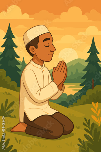 Cartoon illustration of young person kneeling in prayer, hands together, showing respect and mindfulness in peaceful nature landscape at sunset, spirituality, meditation, forest, mountains, outdoors