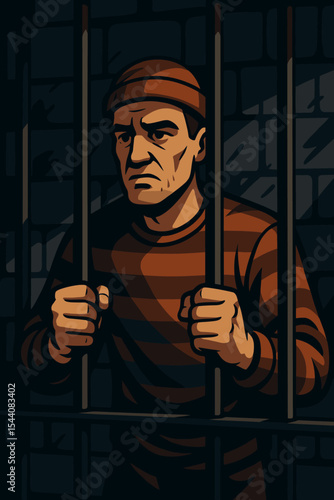 Prisoner gripping jail cell bars, striped uniform, dimly lit prison interior, incarceration, detention, punishment, law, justice concept, dramatic shadows, vector cartoon illustration