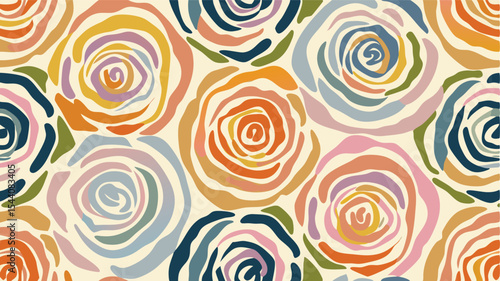Seamless pattern of stylized roses in various colors on a light background creating a floral design