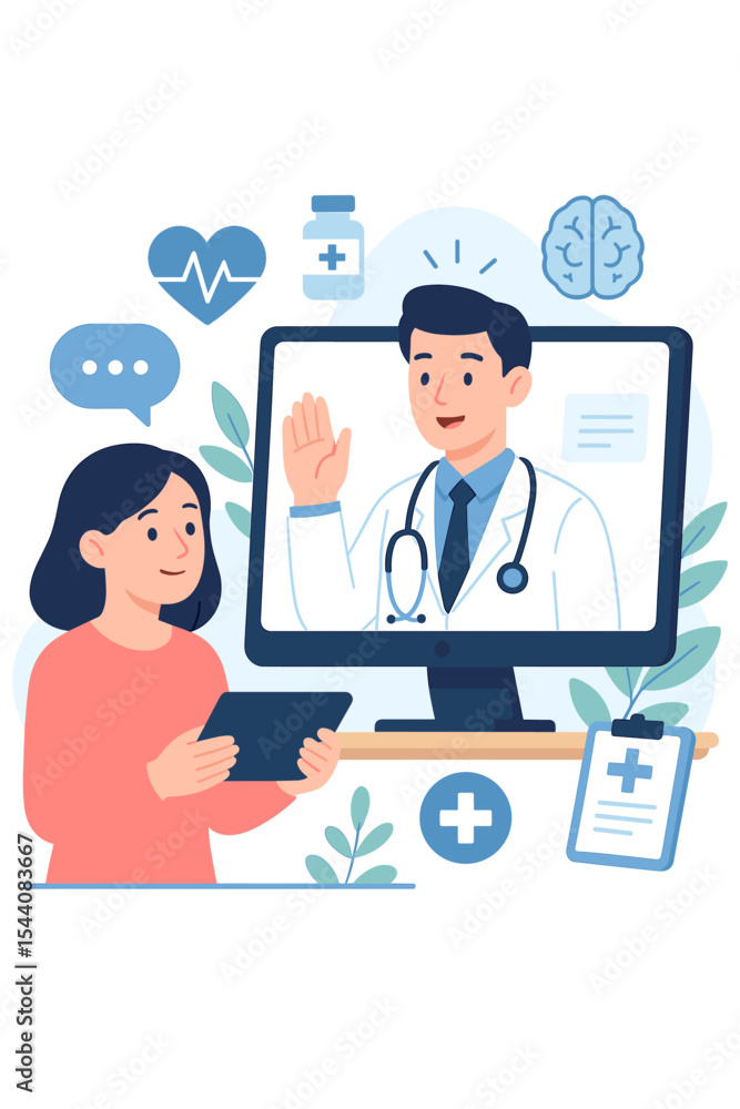 Telemedicine consultation vector illustration. Online doctor patient appointment. Remote healthcare technology. Digital medical services. Virtual diagnosis. Telehealth app. Modern medicine concept Telemedicine consultation vector illustration. Online doctor patient appointment. Remote healthcare technology. Digital medical services. Virtual diagnosis. Telehealth app. Modern medicine concept