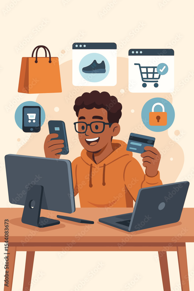 Modern online shopping concept. Young tech-savvy shopper using computer, smartphone, and laptop for secure internet purchasing with credit card, ecommerce icons, payment security vector illustration Modern online shopping concept. Young tech-savvy shopper using computer, smartphone, and laptop for secure internet purchasing with credit card, ecommerce icons, payment security vector illustration