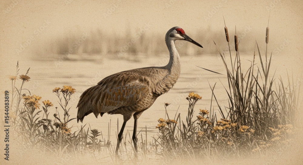Fototapeta premium Crane bird in wetland environment sepia vintage style