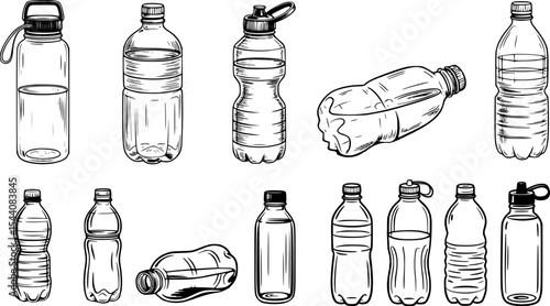 Hand-drawn illustrations of various water bottles and containers