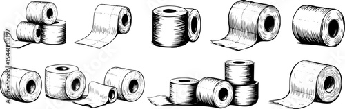 Hand-drawn illustrations of toilet paper rolls and towels