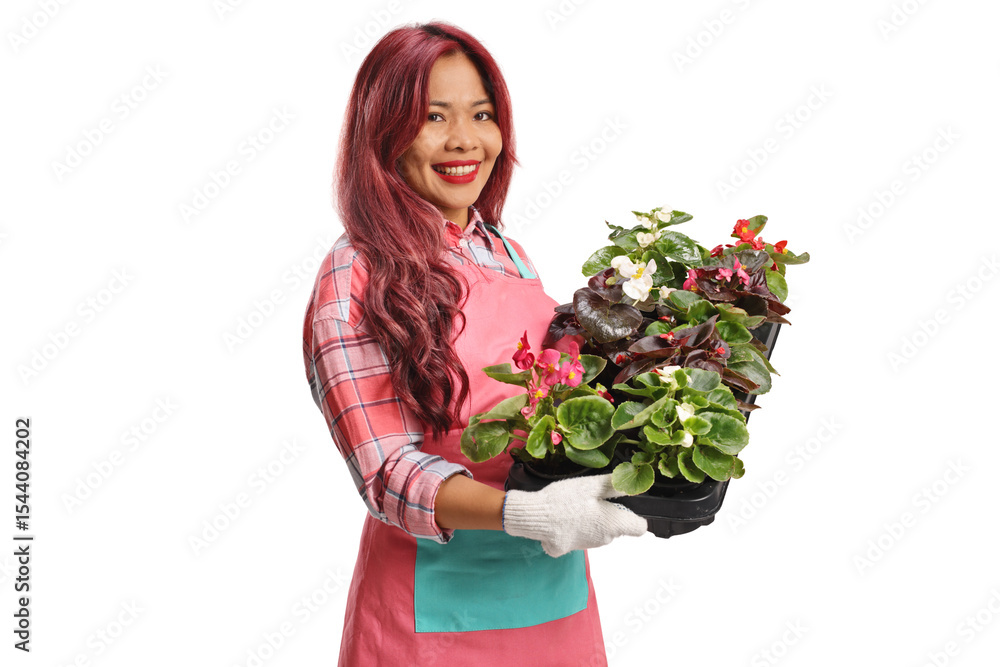 Asian female florist with a tray of flowers Asian female florist with a tray of flowers