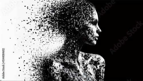 A black-and-white illustration of a multitude of digital computer symbols located in a virtual space, which are assembled into an image of a woman on a black background. Vector graphics. EPS.