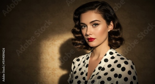 Vintage style woman portrait closeup dark hair red lipstick