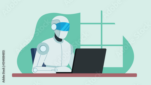 Artificial intelligence at work. Chatbot working on laptop at desk. Vector graphics in flat design style. Data analysis and problem solving with machine learning.