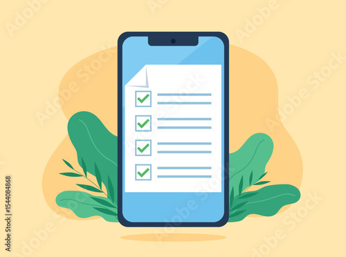 Checklist with filled in fields. test with correctly marked answers. Education with correctly filled in document. Document is on the mobile phone screen. Vector graphics.