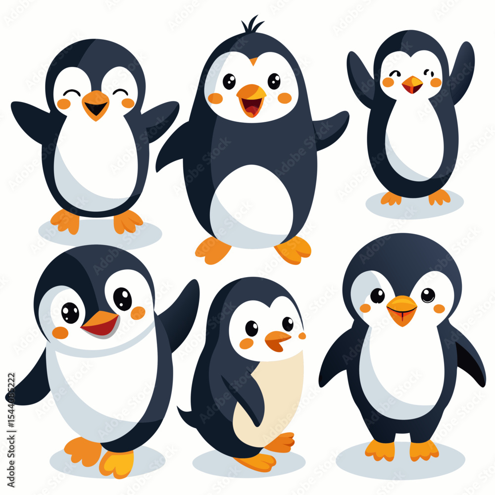 Fototapeta premium Penguin Vector Set Cute Cartoon Penguins Isolated on White