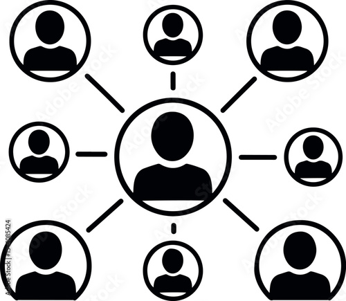 Minimal icon representing people connection, featuring multiple human figures linked by lines or nodes to symbolize networking, teamwork, or community