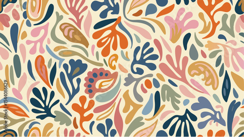 Seamless pattern featuring a variety of abstract floral and leaf shapes in multiple colors spread evenly out
