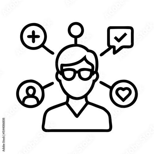 Person with ideas and attributes vector icon for user profile and personal development concept design