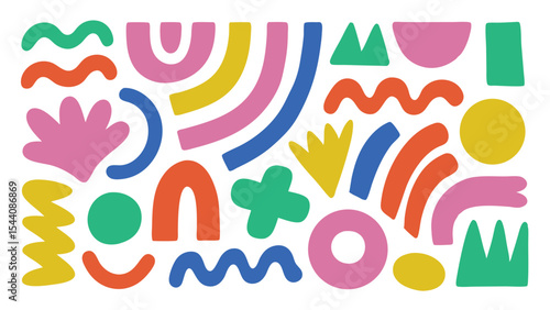 Collection of colorful abstract shapes arranged randomly on a white background creating a playful design
