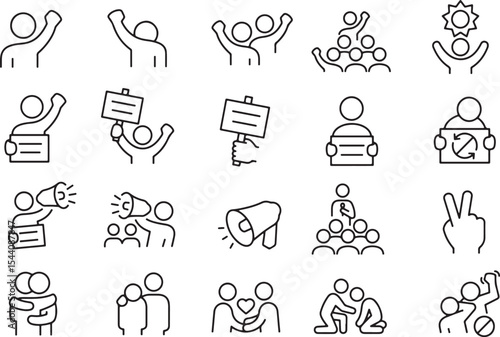 Thin line icon set of protest demonstration activism solidarity unity community crowd. Pixel perfect icons, editable stroke.