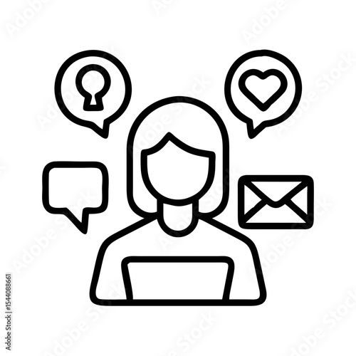 Woman social media manager working online with email heart idea and speech bubble icon vector art