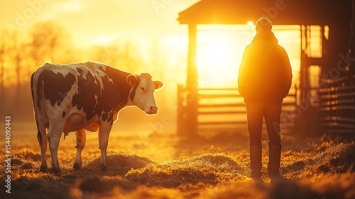 Silhouetted Farmer and Cow at Sunrise on a Rural Farm