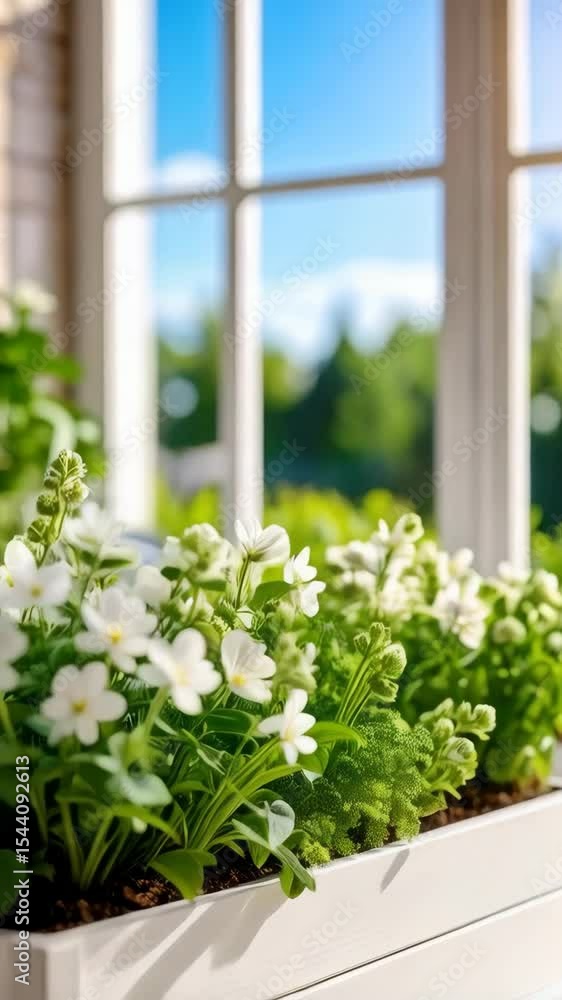 Bright indoor garden featuring small white flowers and green foliage in a rectangular white planter, near a window overlooking trees. Bright indoor garden featuring small white flowers and green foliage in a rectangular white planter, near a window overlooking trees.
