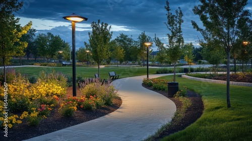 A community park with solar garden lighting installed along walkways and flower beds for safety and style