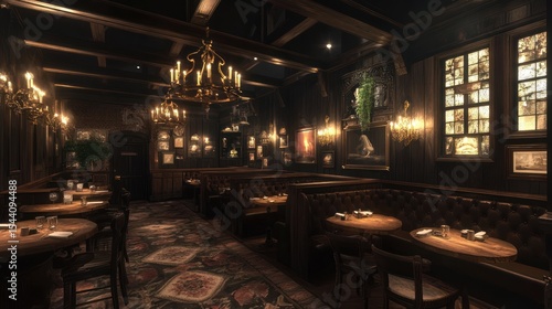 Opulent Dark Wood Restaurant Interior with Antique Decor