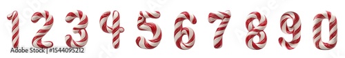 The three-dimensional numbers from 0 to 9 are made in the form of New Year's lollipops with red and white stripes on a dark background. Perfect for holiday decoration and Christmas design..