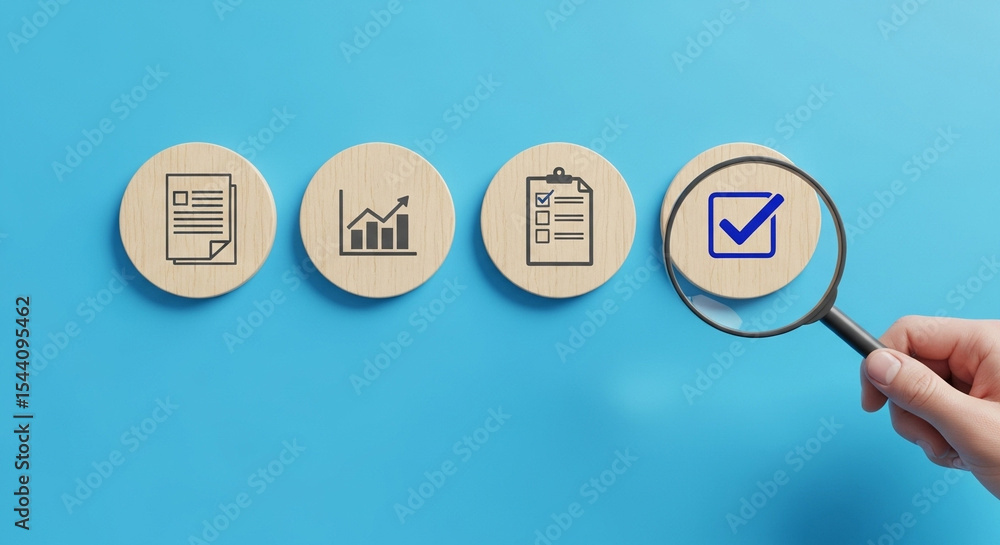 Hand holding magnifying glass over check mark icon on wooden disc against a blue colored background Hand holding magnifying glass over check mark icon on wooden disc against a blue colored background