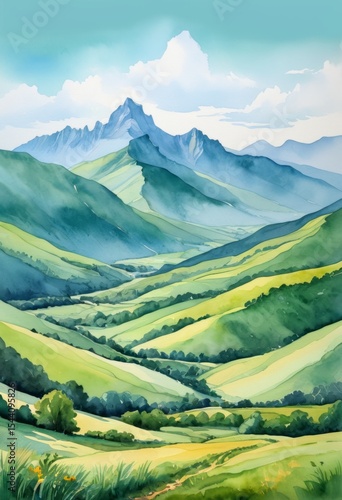 In the distance of the landscape painting, you can see the simple lines of the light blue and green landscape watercolor style