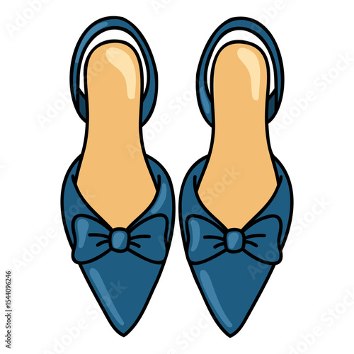 Pointed toe slingback shoes. Blue kitten heel pumps with bows. Trendy elegant summer footwear 