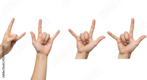 Four Hands Displaying I Love You Sign Language on White Background.