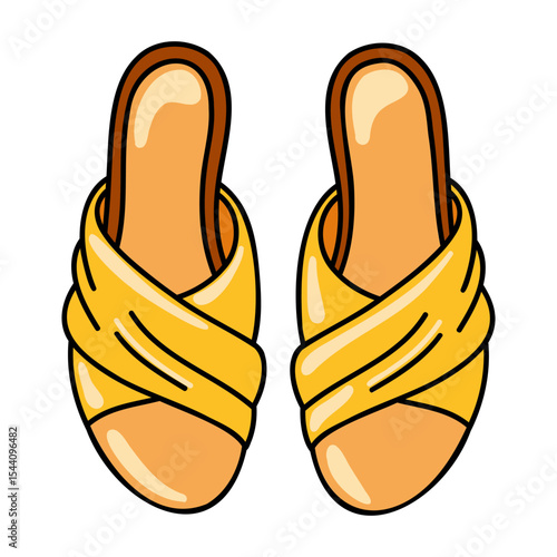 Yellow heeled mules, slip-on open-toe summer shoes for women. Cartoon vector illustration on white background