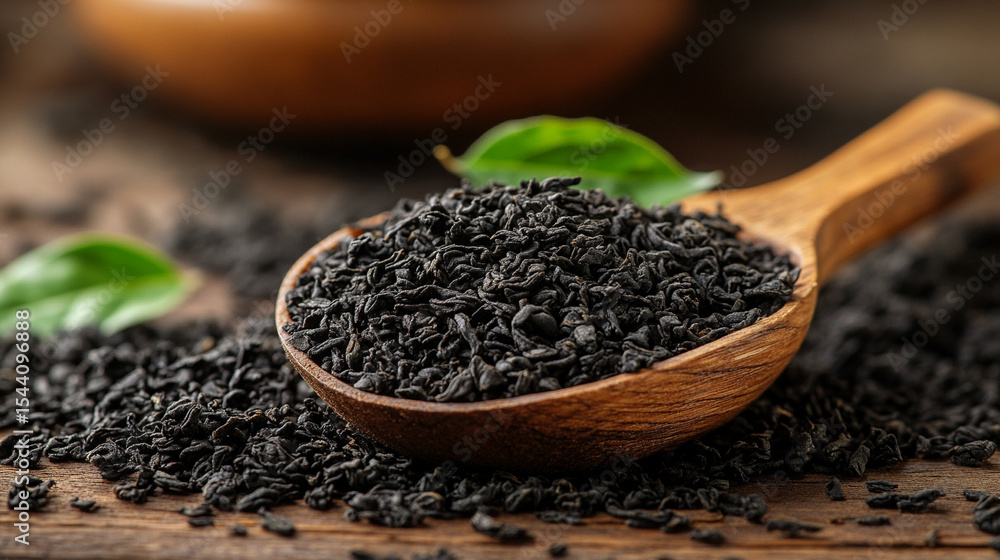 Close-up of rich black tea leaves in a wooden scoop on a dark background. Rustic natural texture and warm tones highlight the quality and freshness of premium loose leaf tea. Space for caption on side Close-up of rich black tea leaves in a wooden scoop on a dark background. Rustic natural texture and warm tones highlight the quality and freshness of premium loose leaf tea. Space for caption on side