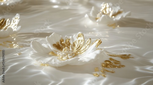 Ornate white flowers with gold accents on a smooth surface.