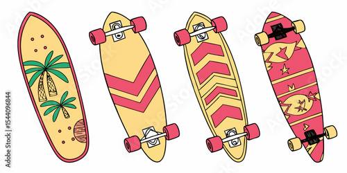 Collection of colorful skateboards with unique designs for skating enthusiasts and street style lovers vector art