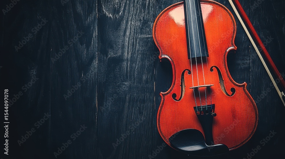 Fototapeta premium Polished violin resting on a dark wooden surface.