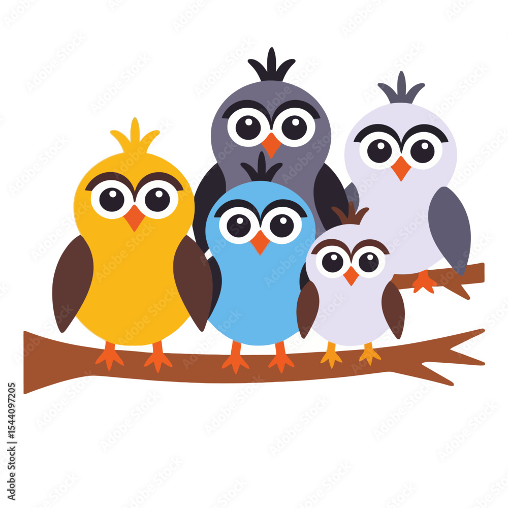 Fototapeta premium Colorful Cartoon Owls on a Branch Illustration-Cute Bird Family Graphic for Kids-Bright and Cheerful Artwork for Children's Designs-Whimsical Owl Clipart