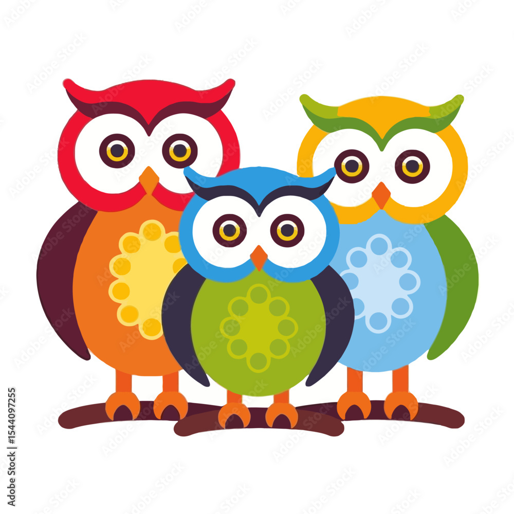 Colorful Owl Family Illustration- Cute Cartoon Owls on Branch- Whimsical Art for Kids- Adorable Animal Design- Playful Owl Decor- Bright and Cheerful Image Colorful Owl Family Illustration- Cute Cartoon Owls on Branch- Whimsical Art for Kids- Adorable Animal Design- Playful Owl Decor- Bright and Cheerful Image