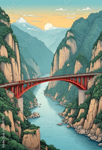 A red bridge crosses a river in the valley