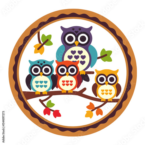 Colorful Owl Family Illustration-Cute Owls on a Branch Vector-Whimsical Owl Art for Kids-Cartoon Owl Graphic Design-Adorable Owl Clipart for Crafts