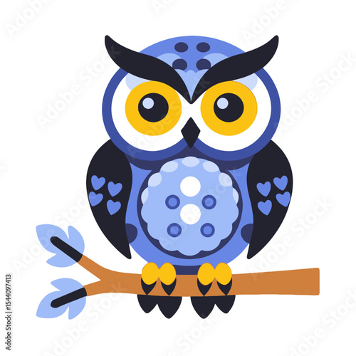 Cute Blue Cartoon Owl Illustration- Whimsical Owl Art on Branch- Colorful Owl Design for Kids- Unique Owl Vector Graphic- Playful Bird Artwork_