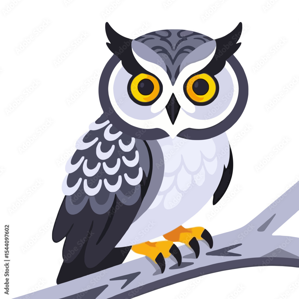 Fototapeta premium Cute Cartoon Owl Illustration-Detailed Bird Artwork with Big Yellow Eyes-Clip Art of a Great Horned Owl Perched on a Branch for Kids and Nature Lovers