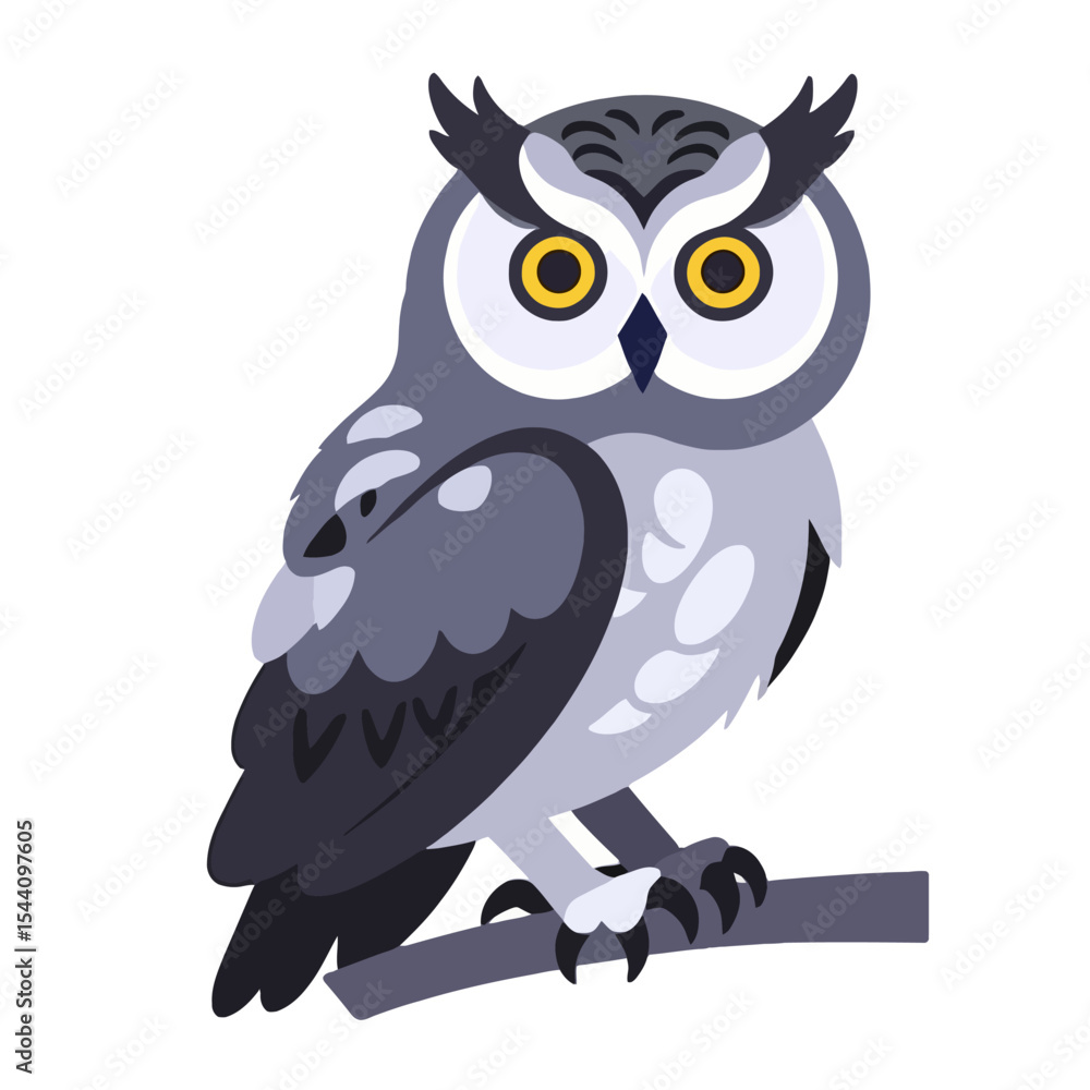 Fototapeta premium Cute Cartoon Owl Illustration-Gray Owl with Yellow Eyes-Wise Bird Sitting on a Branch-Wildlife Animal Art-Owl Graphic for Kids and Adults
