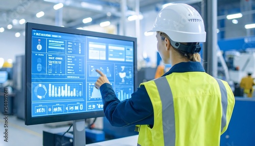 Worker in hard hat interacts with a digital interface in a bright manufacturing environment setting.