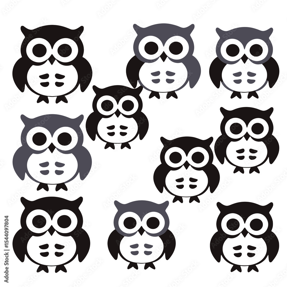 Obraz premium Cute Cartoon Owls Pattern - Whimsical Black and Gray Owl Illustration - Adorable Bird Design for Crafts and Decorations - Owl Themed Background Image