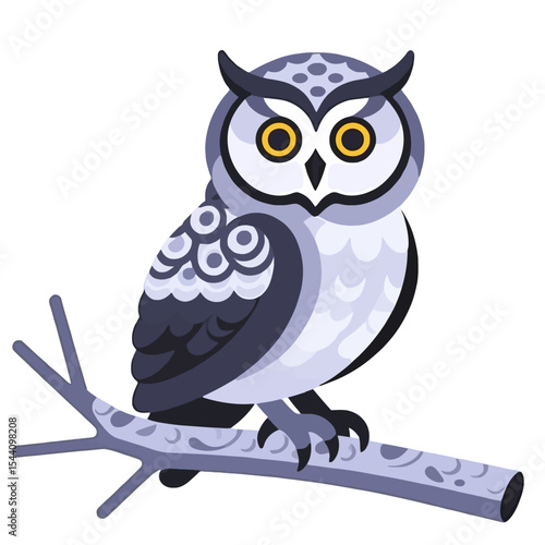 Illustration of a Wise Owl Perched on a Branch-Cute Cartoon Owl Vector Image-Grey and Yellow Bird for Educational or Decorative Purposes-Animal Themed Art